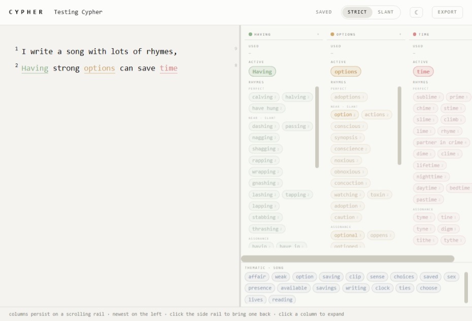 Cypher — the rhyme workbench in use